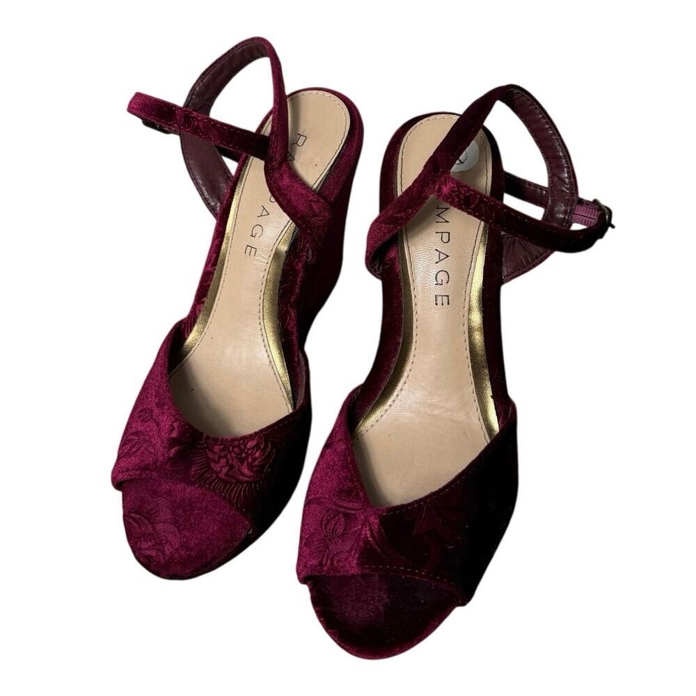 Vtg Y2K Rampage Crissy 6 Merlot Floral Velvet Platform Wedge Ankle Strap Sandals - Picture 4 of 7